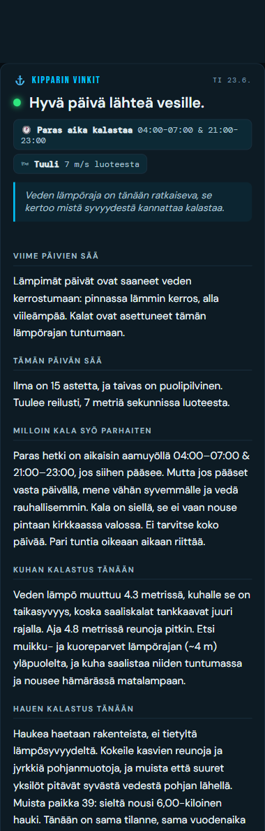 Kipparin Vinkit: sanallinen kalastusbriiffi