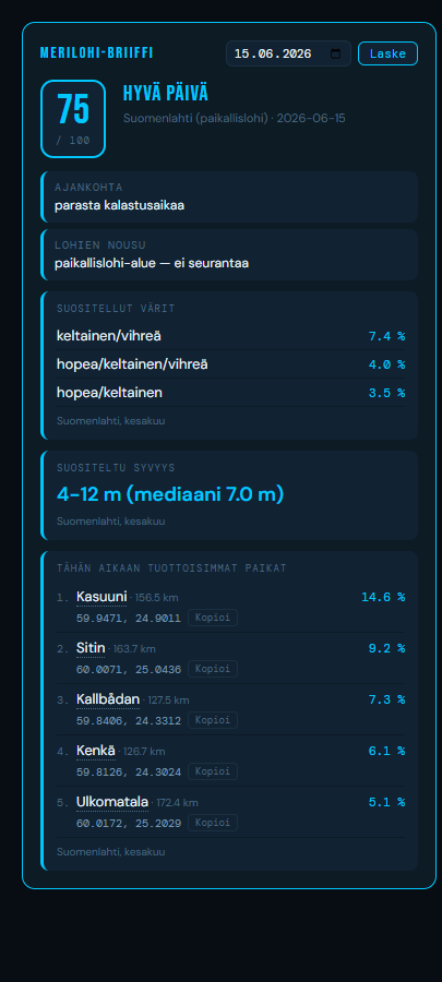 Fishing DataDeck merilohi-analyysi: Suomenlahti, kesäkuu score 75 + paikat, värit, syvyys